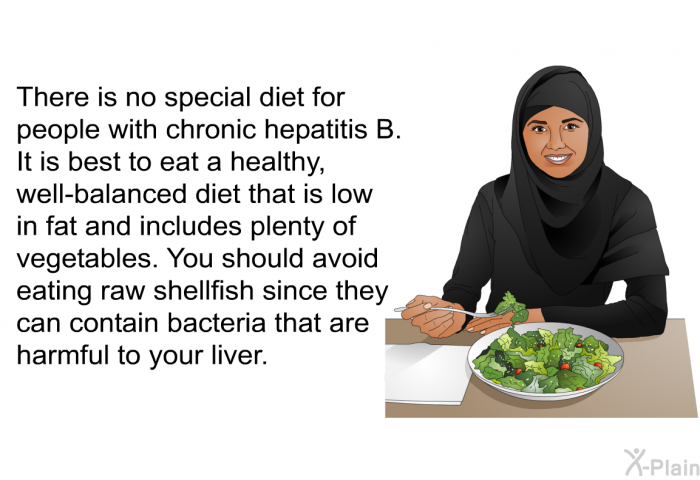 There is no special diet for people with chronic hepatitis B. It is best to eat a healthy, well-balanced diet that is low in fat and includes plenty of vegetables. You should avoid eating raw shellfish since they can contain bacteria that are harmful to your liver.