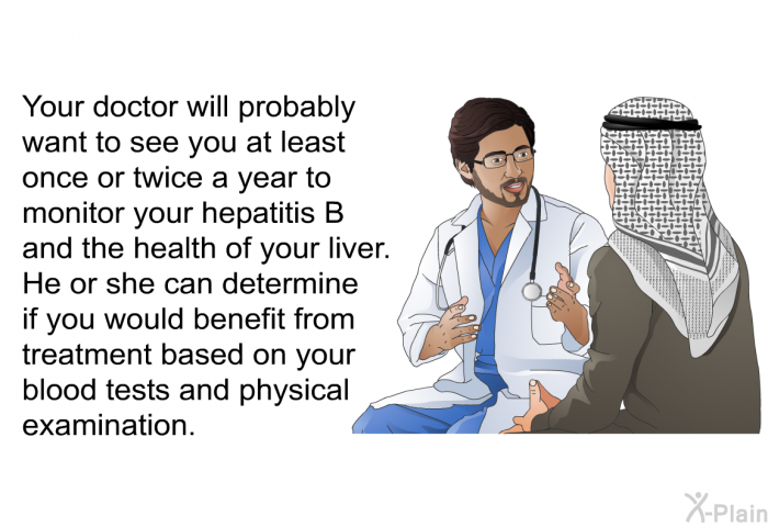 Your doctor will probably want to see you at least once or twice a year to monitor your hepatitis B and the health of your liver. He or she can determine if you would benefit from treatment based on your blood tests and physical examination.