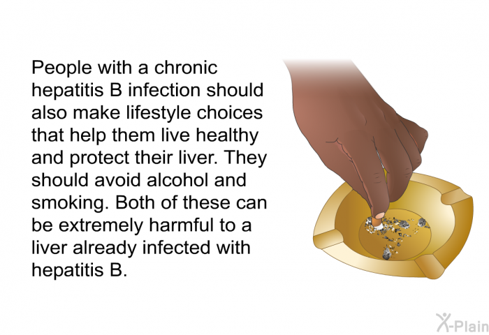 People with a chronic hepatitis B infection should also make lifestyle choices that help them live healthy and protect their liver. They should avoid alcohol and smoking. Both of these can be extremely harmful to a liver already infected with hepatitis B.