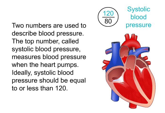 Two numbers are used to describe blood pressure. The top number, called systolic blood pressure, measures blood pressure when the heart pumps. Ideally, systolic blood pressure should be equal to or less than 120.