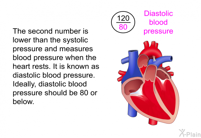 The second number is lower than the systolic pressure and measures blood pressure when the heart rests. It is known as diastolic blood pressure. Ideally, diastolic blood pressure should be 80 or below.