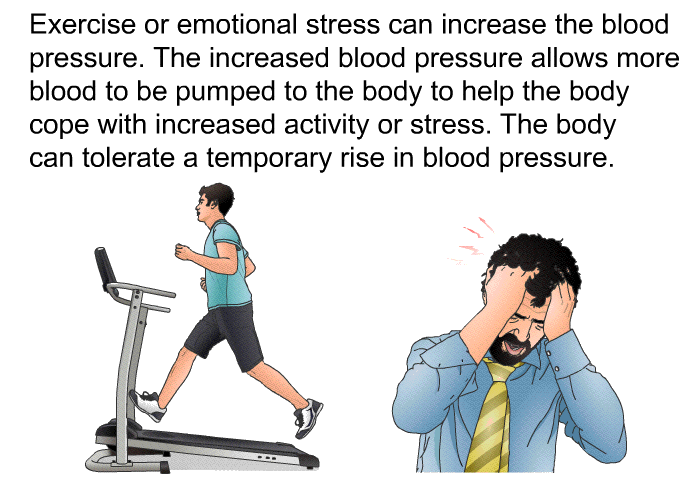 Exercise or emotional stress can increase the blood pressure. The increased blood pressure allows more blood to be pumped to the body to help the body cope with increased activity or stress. The body can tolerate a temporary rise in blood pressure.