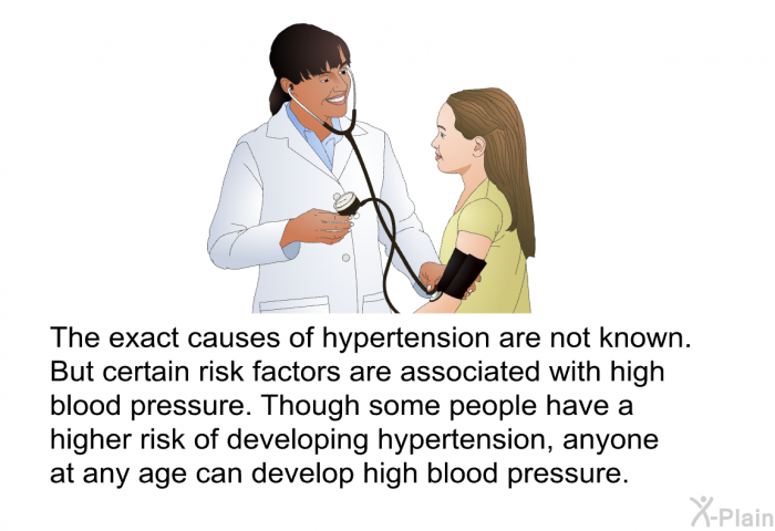 The exact causes of hypertension are not known. But certain risk factors are associated with high blood pressure. Though some people have a higher risk of developing hypertension, anyone at any age can develop high blood pressure.