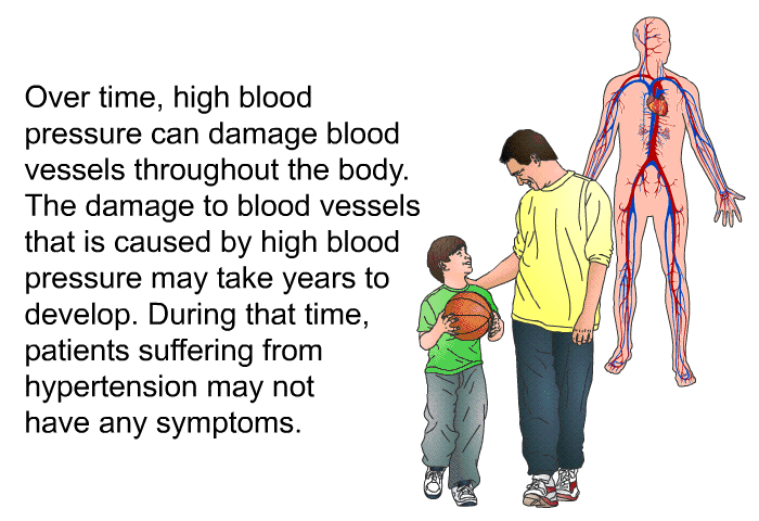 Over time, high blood pressure can damage blood vessels throughout the body. The damage to blood vessels that is caused by high blood pressure may take years to develop. During that time, patients suffering from hypertension may not have any symptoms.