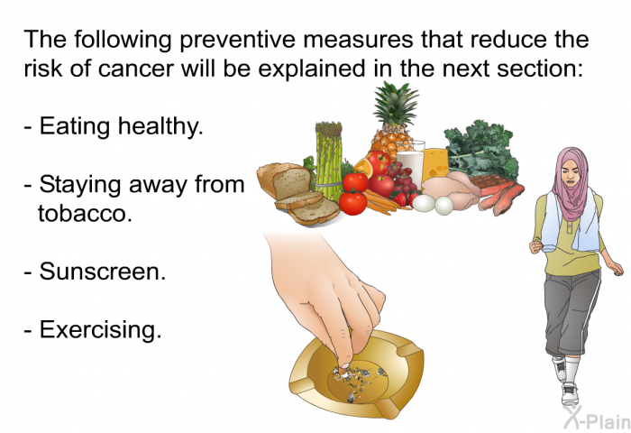 The following preventive measures that reduce the risk of cancer will be explained in the next section:  Eating healthy. Staying away from tobacco. Sunscreen. Exercising.