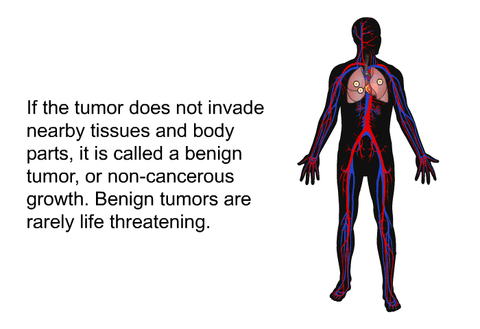 If the tumor does not invade nearby tissues and body parts, it is called a benign tumor, or non-cancerous growth. Benign tumors are rarely life threatening.