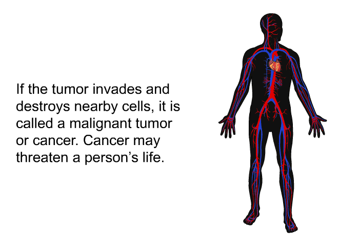If the tumor invades and destroys nearby cells, it is called a malignant tumor or cancer. Cancer may threaten a person's life.