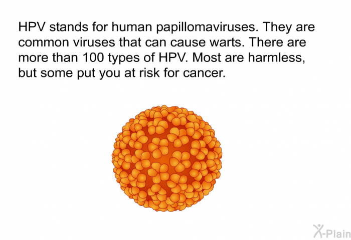 HPV stands for human papillomaviruses. They are common viruses that can cause warts. There are more than 100 types of HPV. Most are harmless, but some put you at risk for cancer.