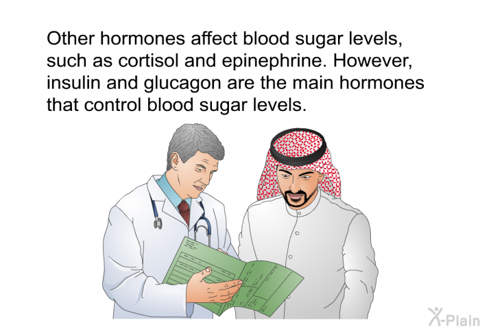 Other hormones affect blood sugar levels, such as cortisol and epinephrine. However, insulin and glucagon are the main hormones that control blood sugar levels.