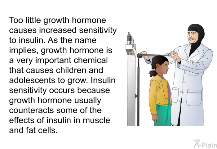Too little growth hormone causes increased sensitivity to insulin. As the name implies, growth hormone is a very important chemical that causes children and adolescents to grow. Insulin sensitivity occurs because growth hormone usually counteracts some of the effects of insulin in muscle and fat cells.