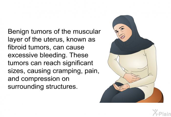 Benign tumors of the muscular layer of the uterus, known as fibroid tumors, can cause excessive bleeding. These tumors can reach significant sizes, causing cramping, pain, and compression on surrounding structures.