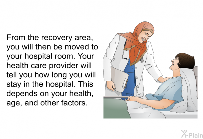 From the recovery area, you will then be moved to your hospital room. Your health care provider will tell you how long you will stay in the hospital. This depends on your health, age, and other factors.