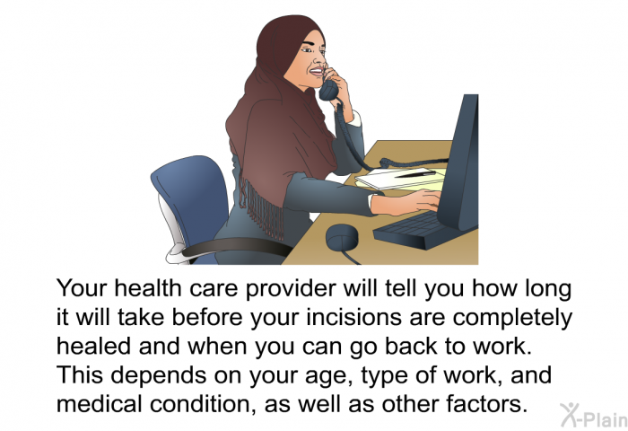 Your health care provider will tell you how long it will take before your incisions are completely healed and when you can go back to work. This depends on your age, type of work, and medical condition, as well as other factors.