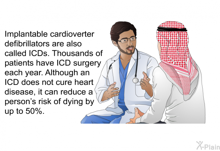 Implantable cardioverter defibrillators are also called ICDs. Thousands of patients have ICD surgery each year. Although an ICD does not cure heart disease, it can reduce a person's risk of dying by up to 50%.