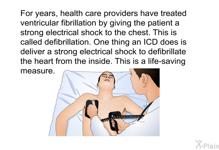 For years, health care providers have treated ventricular fibrillation by giving the patient a strong electrical shock to the chest. This is called defibrillation. One thing an ICD does is deliver a strong electrical shock to defibrillate the heart from the inside. This is a life-saving measure.