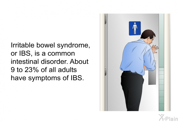 Irritable bowel syndrome, or IBS, is a common intestinal disorder. About 9 to 23% of all adults have symptoms of IBS.