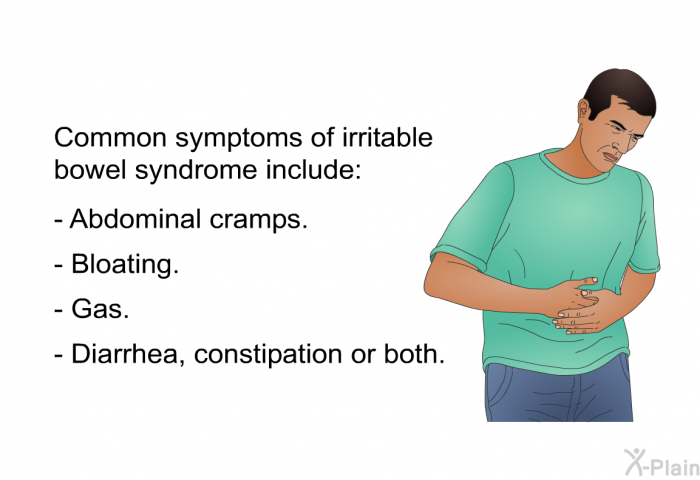 Common symptoms of irritable bowel syndrome include:  Abdominal cramps. Bloating. Gas. Diarrhea, or constipation or both.