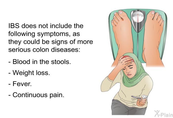 IBS does not include the following symptoms, as they could be signs of more serious colon diseases:  Blood in the stools. Weight loss. Fever. Continuous pain.