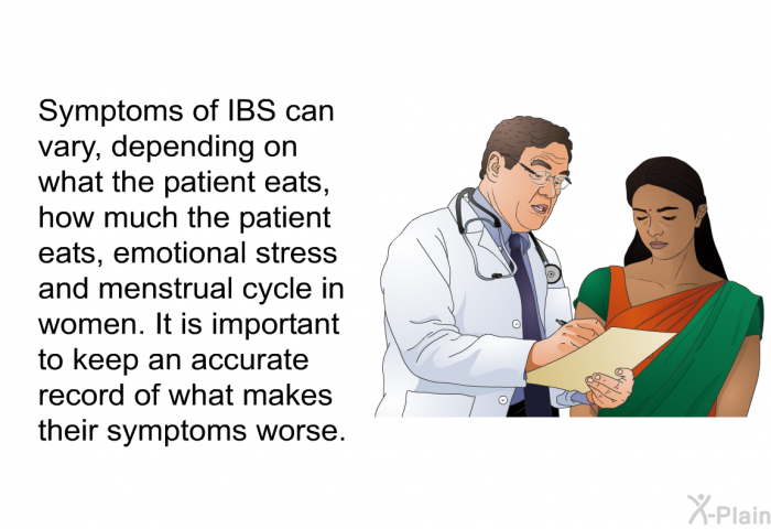 Symptoms of IBS can vary, depending on what the patient eats, how much the patient eats, emotional stress and menstrual cycle in women. It is important to keep an accurate record of what makes their symptoms worse.