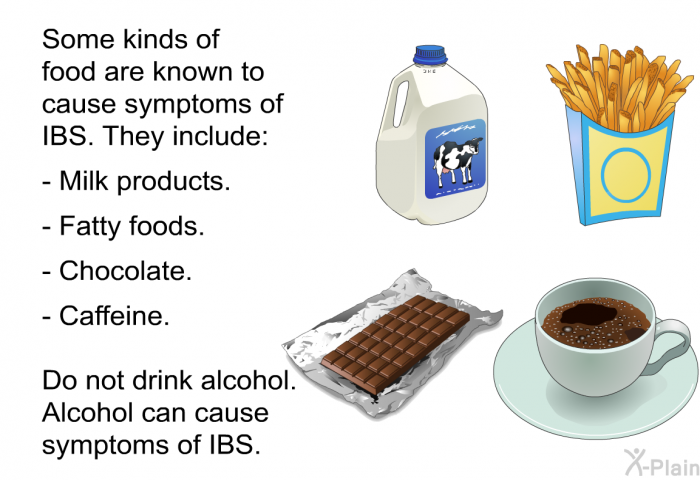 Some kinds of food are known to cause symptoms of IBS. They include:  Milk products. Fatty foods. Chocolate. Caffeine.  
 Do not drink alcohol. Alcohol can cause symptoms of IBS.