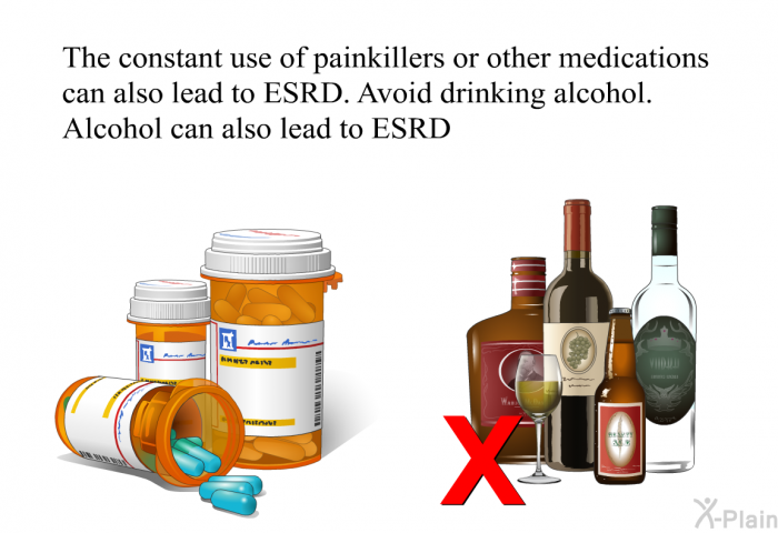 The constant use of painkillers or other medications can also lead to ESRD. Avoid drinking alcohol. Alcohol can also lead to ESRD.