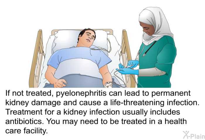 If not treated, pyelonephritis can lead to permanent kidney damage and cause a life-threatening infection. Treatment for a kidney infection usually includes antibiotics. You may need to be treated in a health care facility.