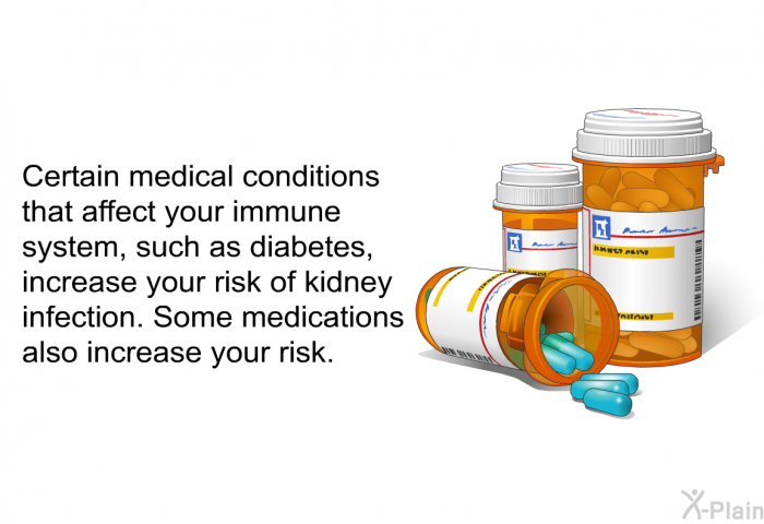 Certain medical conditions that affect your immune system, such as diabetes, increase your risk of kidney infection. Some medications also increase your risk.