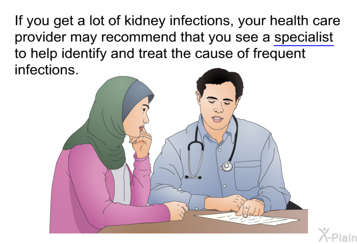 If you get a lot of kidney infections, your health care provider may recommend that you see a specialist to help identify and treat the cause of frequent infections.