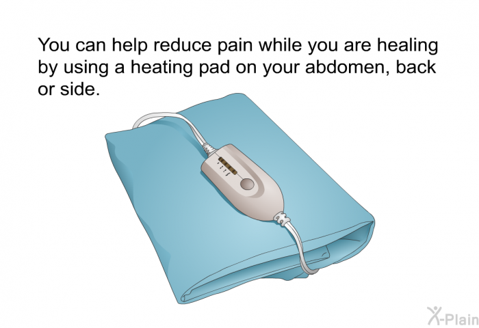 You can help reduce pain while you are healing by using a heating pad on your abdomen, back or side.
