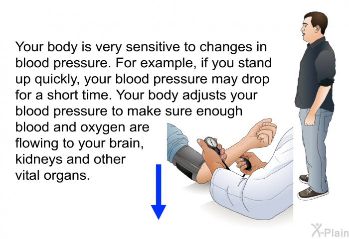 Your body is very sensitive to changes in blood pressure. For example, if you stand up quickly, your blood pressure may drop for a short time. Your body adjusts your blood pressure to make sure enough blood and oxygen are flowing to your brain, kidneys and other vital organs.