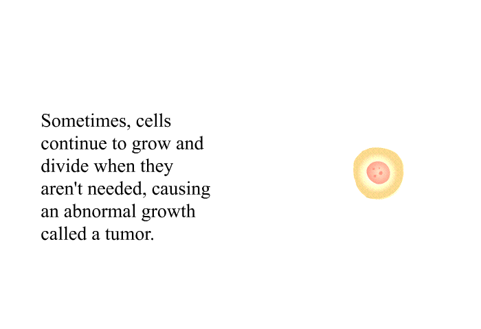 Sometimes, cells continue to grow and divide when they aren't needed, causing an abnormal growth called a tumor.