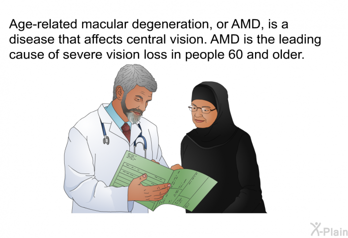 Age-related macular degeneration, or AMD, is a disease that affects central vision. AMD is the leading cause of severe vision loss in people 60 and older.