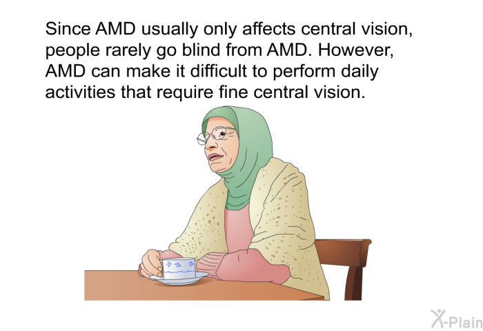 Since AMD usually only affects central vision, people rarely go blind from AMD. However, AMD can make it difficult to perform daily activities that require fine central vision.