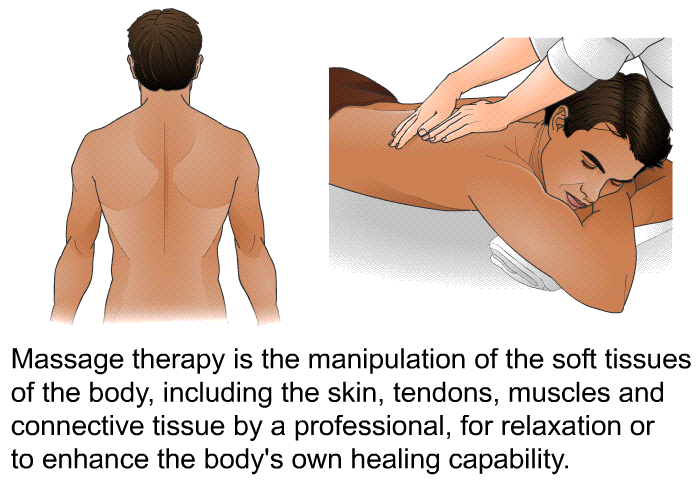 Massage therapy is the manipulation of the soft tissues of the body, including the skin, tendons, muscles and connective tissue by a professional, for relaxation or to enhance the body's own healing capability.