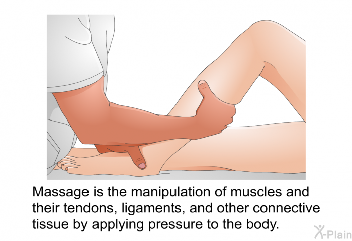 Massage is the manipulation of muscles and their tendons, ligaments, and other connective tissue by applying pressure to the body.