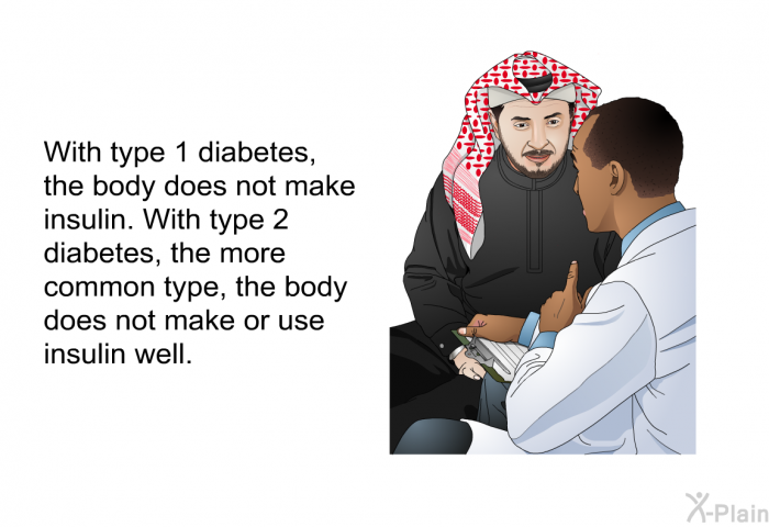 With type 1 diabetes, the body does not make insulin. With type 2 diabetes, the more common type, the body does not make or use insulin well.