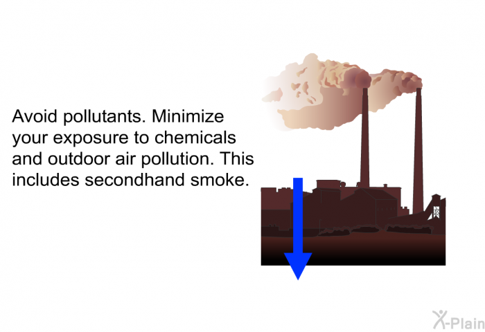Avoid pollutants. Minimize your exposure to chemicals and outdoor air pollution. This includes secondhand smoke.
