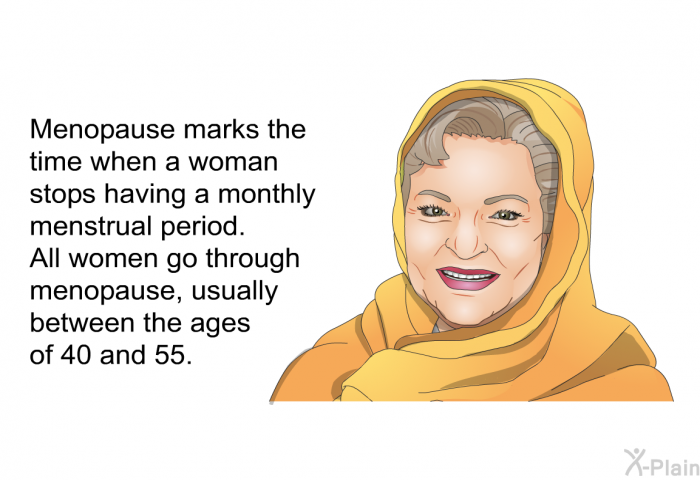 Menopause marks the time when a woman stops having a monthly menstrual period. All women go through menopause, usually between the ages of 40 and 55.