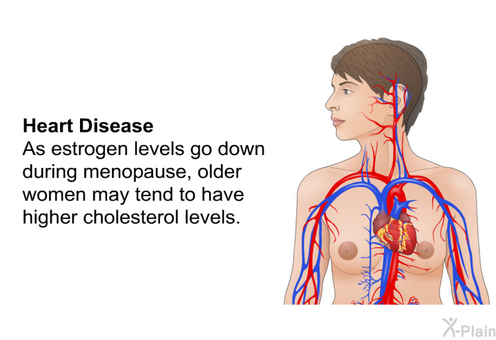 <B>Heart Disease</B> 
As estrogen levels go down during menopause, older women may tend to have higher cholesterol levels.
