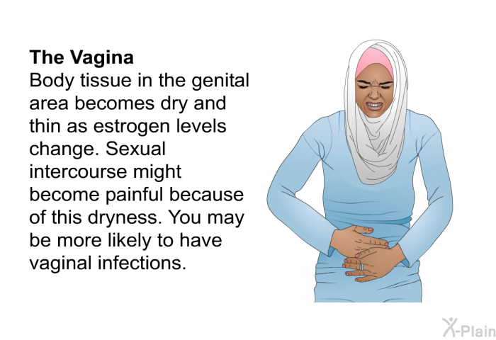 <B>The vagina</B> 
Body tissue in the genital area becomes dry and thin as estrogen levels change. Sexual intercourse might become painful because of this dryness. You may be more likely to have vaginal infections.