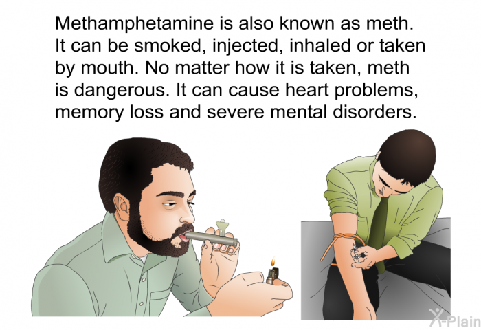 Methamphetamine is also known as meth. It can be smoked, injected, inhaled or taken by mouth. No matter how it is taken, meth is dangerous. It can cause heart problems, memory loss and severe mental disorders.