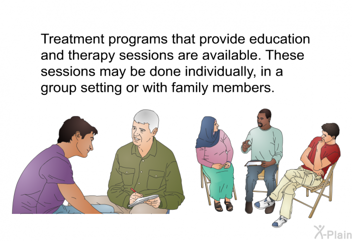 Treatment programs that provide education and therapy sessions are available. These sessions may be done individually, in a group setting or with family members.