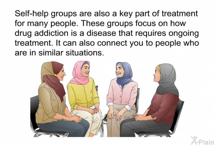Self-help groups are also a key part of treatment for many people. These groups focus on how drug addiction is a disease that requires ongoing treatment. It can also connect you to people who are in similar situations.