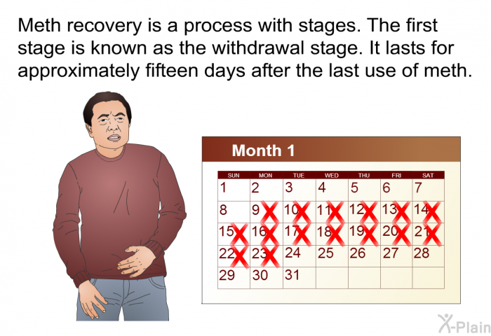 Meth recovery is a process with stages. The first stage is known as the withdrawal stage. It lasts for approximately fifteen days after the last use of meth.
