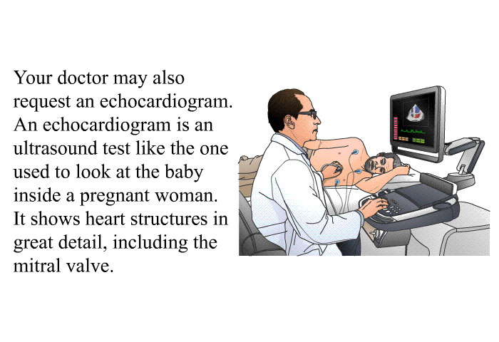 Your doctor may also request an echocardiogram. An echocardiogram is an ultrasound test like the one used to look at the baby inside a pregnant woman. It shows heart structures in great detail, including the mitral valve.