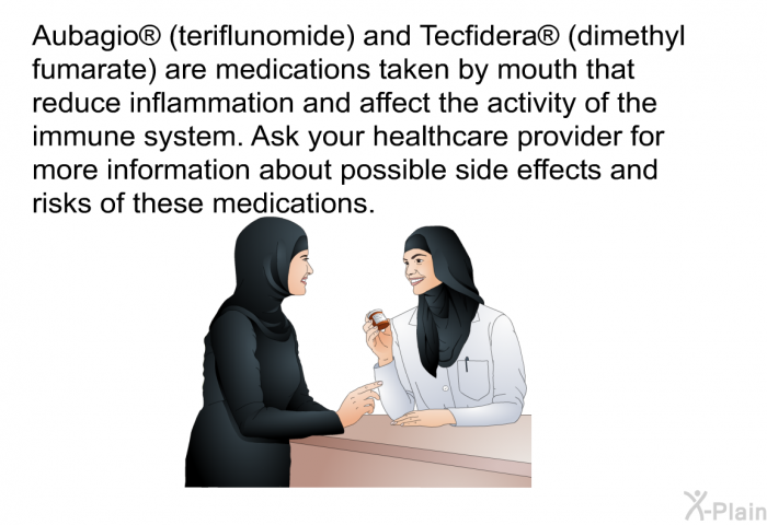Aubagio  (teriflunomide) and Tecfidera  (dimethyl fumarate) are medications taken by mouth that reduce inflammation and affect the activity of the immune system. Ask your healthcare provider for more information about possible side effects and risks of these medications.