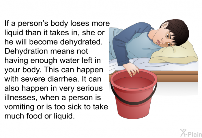 If a person's body loses more liquid than it takes in, she or he will become dehydrated. Dehydration means not having enough water left in your body. This can happen with severe diarrhea. It can also happen in very serious illnesses, when a person is vomiting or is too sick to take much food or liquid.