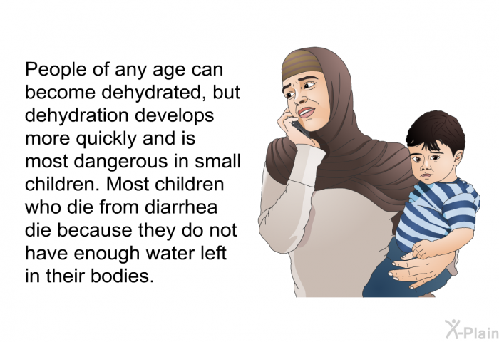 People of any age can become dehydrated, but dehydration develops more quickly and is most dangerous in small children. Most children who die from diarrhea die because they do not have enough water left in their bodies.