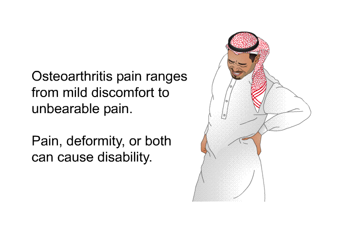 Osteoarthritis pain ranges from mild discomfort to unbearable pain. Pain, deformity, or both can cause disability.