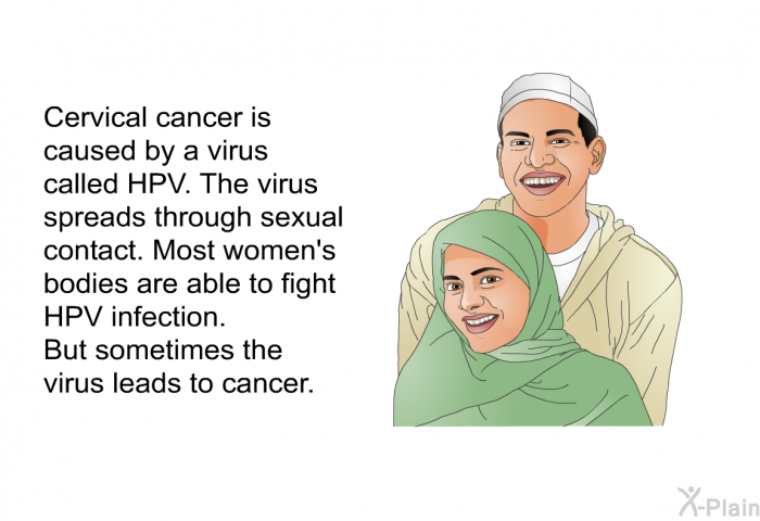 Cervical cancer is caused by a virus called HPV. The virus spreads through sexual contact. Most women's bodies are able to fight HPV infection. But sometimes the virus leads to cancer.